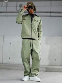 PAVTROS 男士休闲拉链夹克和阔腿裤套装 - 軍綠色 - 查看 5