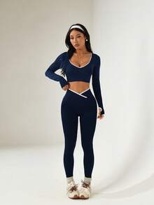 Dewbera 2pcs/Set Women Seamless Contrast Color Sports Set Navy Workout Set Athletic Two Piece Set Active Two Piece Set Gym Two Piece Set Workout Legging Two Piece Set - Navy Blue - View 4