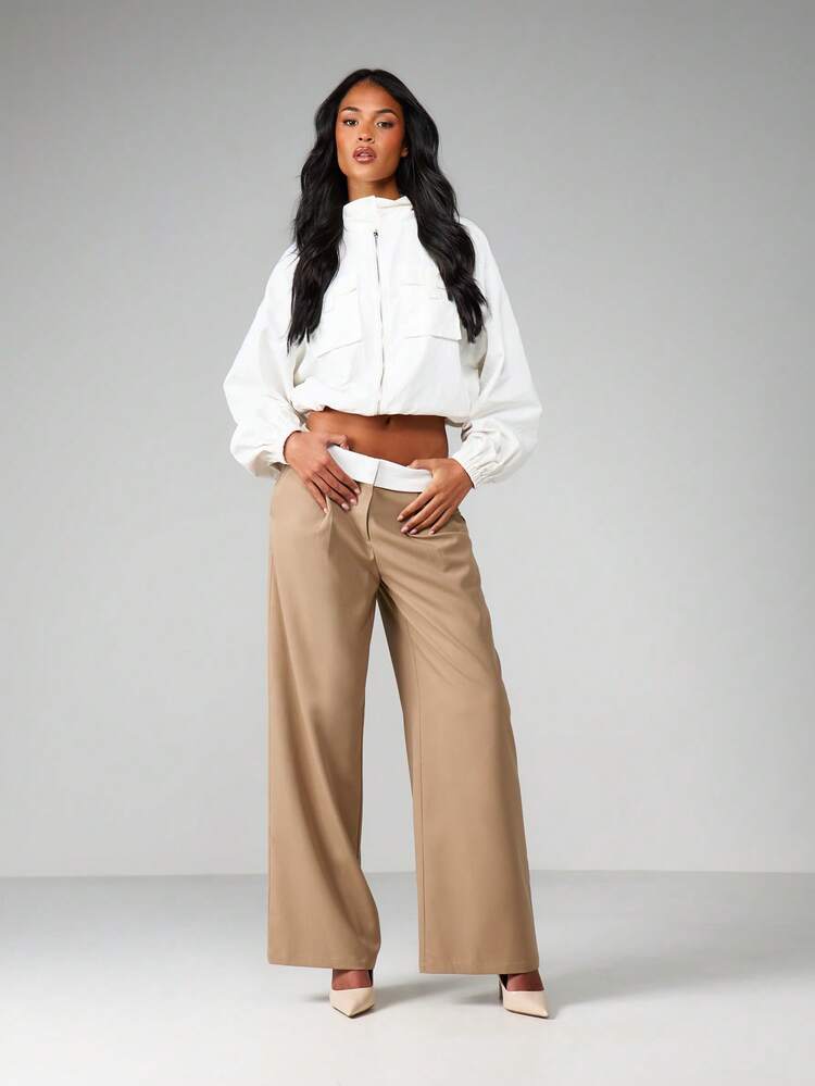 MISSGUIDED Pantalones anchos de talle alto tipo palazzo para mujer con detalle de cinturón, pantalones de vestir elegantes para la oficina