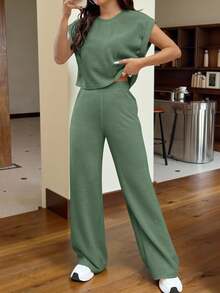 SHEIN EZwear Bộ áo len và quần dệt kim cỡ lớn có tay áo dành cho nữ, màu xanh xám - Màu xanh Ô liu - Xem 3