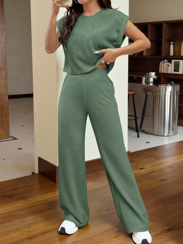 SHEIN EZwear Bộ áo len và quần dệt kim cỡ lớn có tay áo dành cho nữ, màu xanh xám - Màu xanh Ô liu - Xem 3