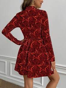 Glamance BiGraphic Mandarin Collar Raglan Sleeve Fitted Women Dress With Pentagram Pattern, Suitable For Autumn/Winter Dress With Belt Fall Dress Autumn Dress Women Dresses Red Long Sleeve Elegant Dress