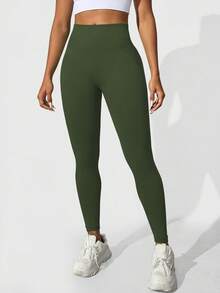 Slayform Leggings aderenti senza cuciture in vita alta per donne - Morbidi al tatto, elastici, traspiranti e ad asciugatura rapida, con elasticità a 4 vie, adatti per corsa, ciclismo, yoga, pickleball, esercizi e uso casual - Verde militare - Visualizzare 4