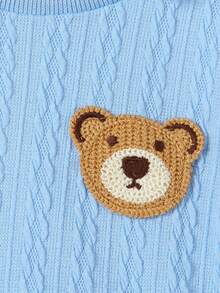 SHEIN 2pcs/Set Boys' Outfit, Textured Blue Knit Crew Neck Sweater With Small Bear Head Graphic On Left Chest, Paired With Black Pants, Suitable For Commute, School, Casual Daily Wear, Spring/Summer - Blue - View 3