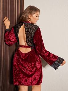 Slumberist Plus Size Lace & Velvet Patchwork Backless Robe Velvet Dress For Women Red Lace Robe Robe Christmas Pajamas, Valentine's Day Pajamas - Burgundy - View 3