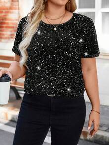 SHEIN Clasi Camisa brillante de manga corta talla grande, adecuada para el trabajo y el transporte - Negro - Ver 3