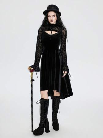 Breakform فستان نسائي أنيق بتصميم جوتيك مزين بالدانتيل والياقة المطبعة والأربطة الأمامية والأكمام الطويلة المطبعة والأساور المطوية