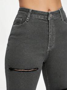 SHEIN ICON Black Slant Pocket Ripped Skinny Jeans - Grey - View 7