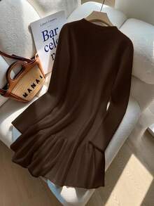 Franclia Women's French Style Waist Cinched Mermaid Hem Knit Dress,Long Sleeve Button Autumn Dress,Dark Brown Elegent Brunch Coffee Brown Dress - Coffee Brown - View 2