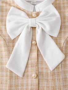 SHEIN 女童卡其色格子褶裥下摆立领前开襟针织连衣裙，适合优雅、日常和通勤穿着。 - 卡其色 - 查看 6