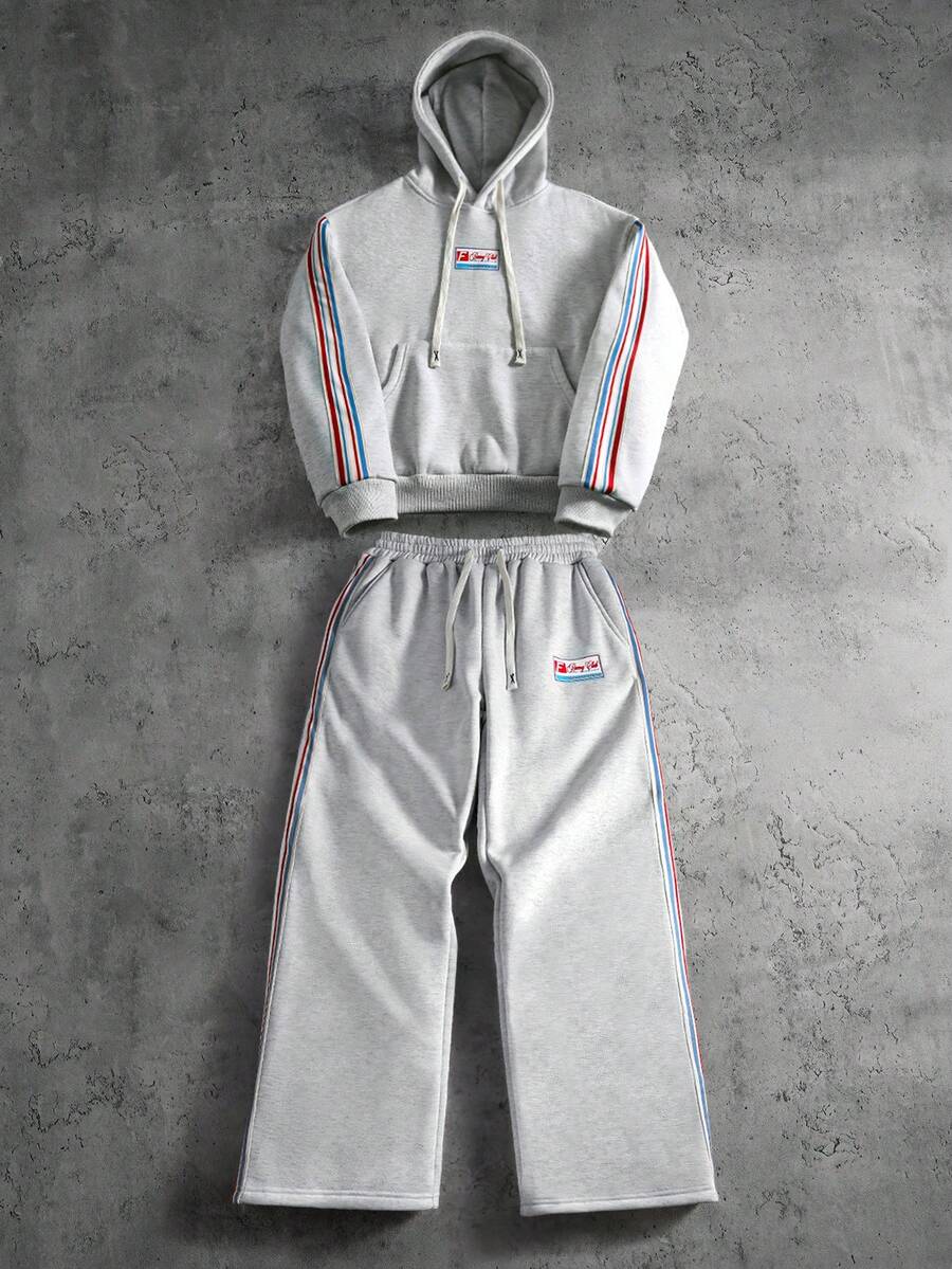 PAVTROS 男士街头风复古宽松短款连帽衫和运动裤套装（2件套），保暖内衬套头连帽衫，弹力腰带抽绳针织运动裤，复古运动休闲装，简约百搭，适合日常、外出、健身、时尚、返校季、男友礼物、最佳礼物 - 白色 - 查看 1