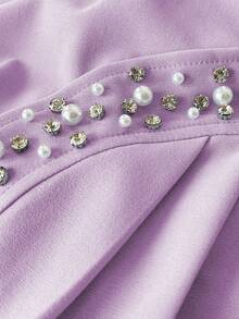 Elenzga 大码女式春秋季长袖方领收腰珍珠装饰优雅浪漫衬衫 - 紫色 - 查看 7