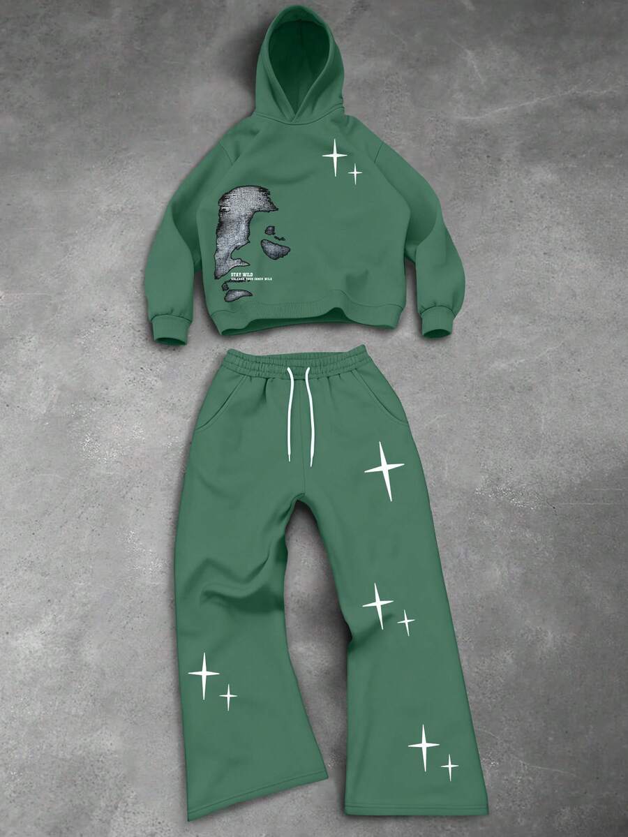 PAVTROS 男士两件套休闲连帽衫和运动裤，印有图案和字母，适合室内外穿着，秋季套装 - 綠色 - 查看 1