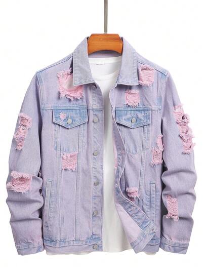 Chillumni Chaqueta vaquera casual desgastada de color púrpura claro para hombre, estilo urbano