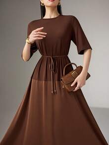 Heiryn Women's Solid Color Round Neck Short Sleeve Casual Dress - Brown - View 3
