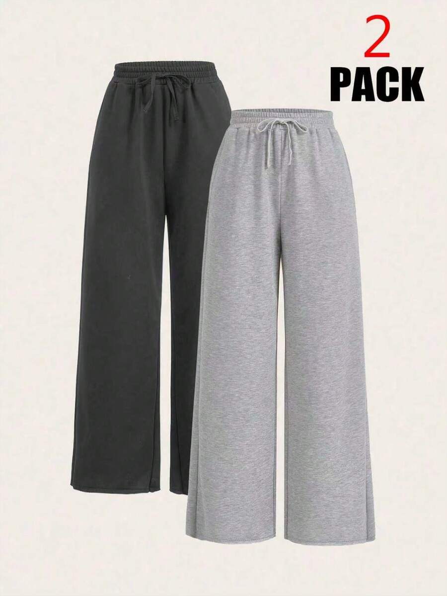 SHEIN EZwear 2枚 レディース カジュアル 無地 ワイドレッグ スウェットパンツ - グレー - チェックする 1