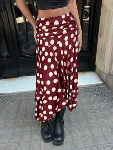 Aloruh Vintage Polka Dot Print Asymmetric Skirt, Casual Commuter Elegant Y2K Style,Burgundy Midi Skirt,Business Casual,Spring Break,Autumn/Winter New Asymmetric Hem A-Line Midi Skirt, High Low Polka Dot Skirt,Spring - Red and White - View 5