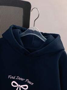 Tween Girls Cute Bow & Letter Print Sweatshirt, Cozy Fall & Winter Styles - Navy Blue - View 6