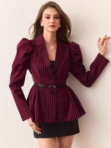 Revavyn Women's Puff Flower Hem Lantern Sleeve Notched Collar Striped Blazer Jacket - Burgundy - View 7