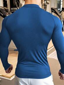 GymBeat 男士简约纯色四分之一拉链插肩袖运动T恤，秋季男士压缩衣，健身服 - 藍色 - 查看 2