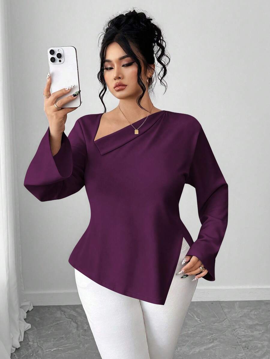Elenzga Áo sơ mi nữ cổ chéo hở xẻ sau lưng cỡ lớn - Màu tím - Xem 1