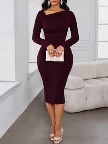 SHEIN Lady Đầm dài tay cổ lệch màu thanh lịch ôm sát, dáng suông, dài vừa phải cho nữ - Cà phê nâu - Xem 6