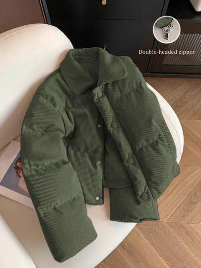 GlowEve 女士秋冬韩版粉色灯芯绒拼接领棉质羽绒服，独特设计百搭外套