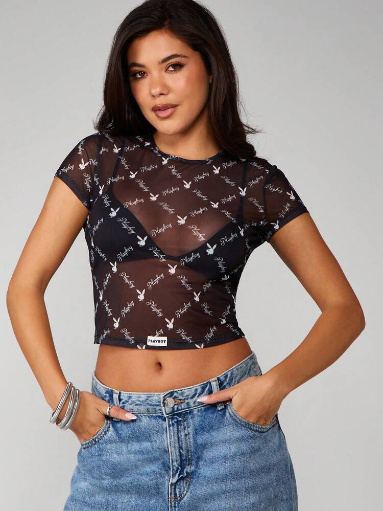Missguided x Playboy Sheer Mesh Short Sleeve Crop Top With Logo Print All Over Pattern