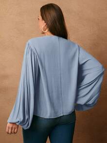 Rosumi Plus Size Women Tie Collar Contrast Lace Lantern Sleeve Loose Blouse Plus Size Blouses Curve Plus Plus Size Blouses Plus Size Boho Tops - Baby Blue - View 2