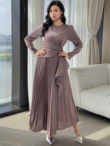 Modelyn Women's Solid Color Round Neck Regular Shoulder Long Sleeve Dress - Pink - View 5
