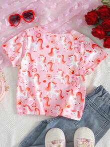 小女孩可爱爱心彩虹小马印花T恤，简约设计 - 彩色 - 查看 2