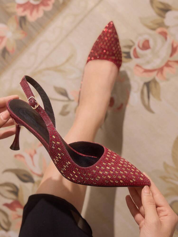 CUCCOO TILAWA Women's Fashionable Elegant Party Rhinestone Decorated Pumps For Christmas