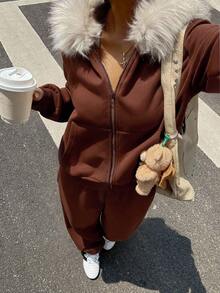 Muchica 两件套女士秋冬休闲加厚毛领连帽衫和运动裤套装，万圣节服装，圣诞节服装，哥特式女装 - 棕色 - 查看 3