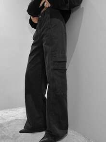 DAZY Women's Washed Denim Jeans, Loose Design Slimming Floor-Length Cargo Pants - Dark Grey - View 1