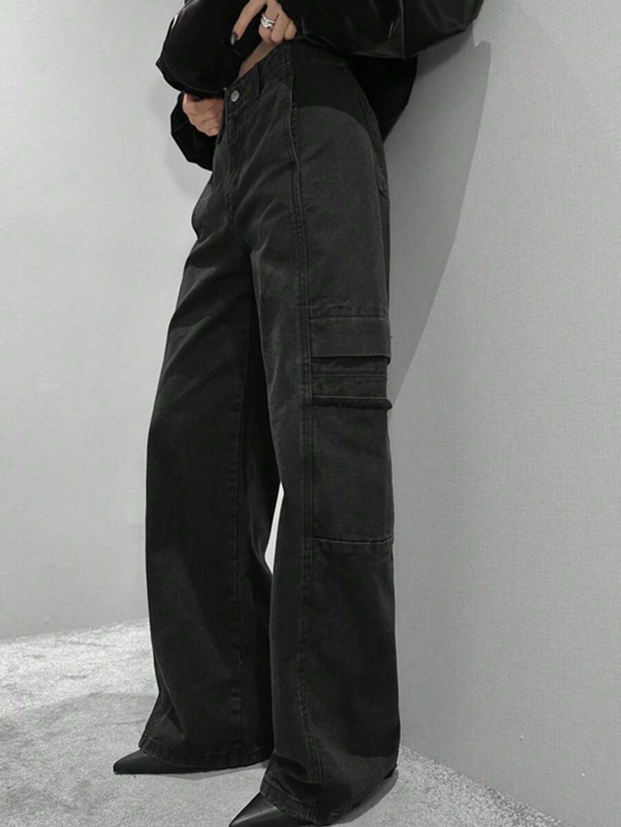 DAZY Women's Washed Denim Jeans, Loose Design Slimming Floor-Length Cargo Pants - Dark Grey - View 1