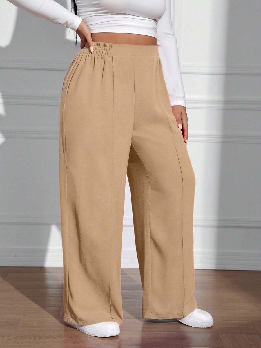 EURMUSE Pantalones sueltos de talla grande de unicolor con cintura elástica y pliegues - Beis - Ver 1