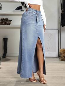 Jeanoix 女士不对称腰部口袋开衩下摆休闲牛仔裙 - 黑色 - 查看 5