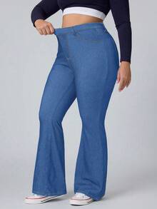 Flexra Quần jeans ống loe denim xanh cỡ lớn cho nữ, co giãn và thon gọn - Màu xanh lam - Xem 4
