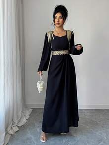 Selianne Women's Black Dress With Embroidered Decor, Elegant For Party, Date, Christmas, Halloween, New Year, Thanksgiving, Teacher's Day - Black - View 3