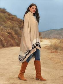 Freevana Plus Size Women Geometric Jacquard Batwing Sleeve Loose Turtleneck Sweater, Autumn/Winter - Multicolor - View 1