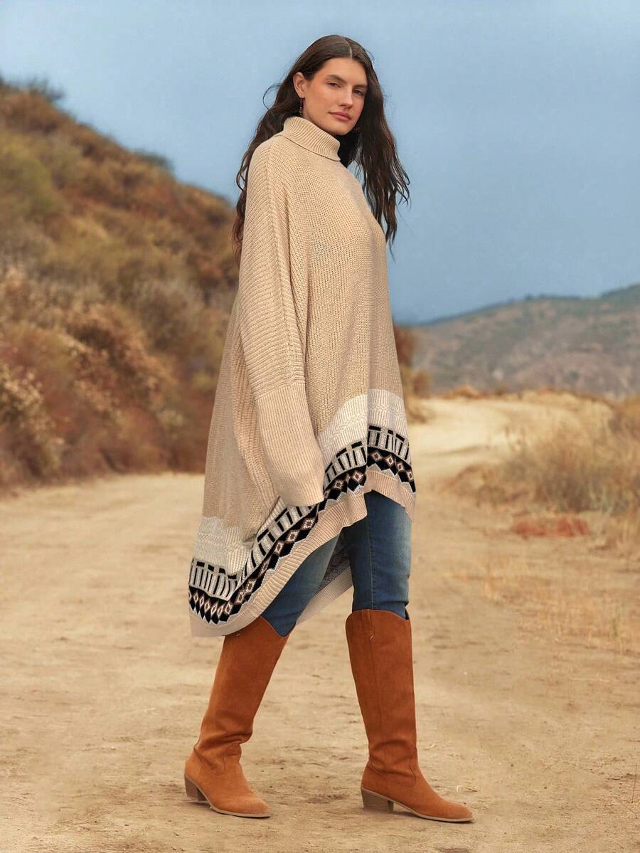 Freevana Plus Size Women Geometric Jacquard Batwing Sleeve Loose Turtleneck Sweater, Autumn/Winter - Multicolor - View 1