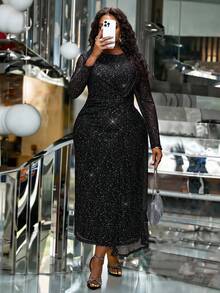 SHEIN CURVE+ Đầm lưới bóng cổ tròn tay dài, xếp nếp thắt eo cỡ lớn cho nữ, đầm đen thanh lịch, thích hợp cho tiệc Giáng sinh, trang phục dự tiệc cưới - màu đen - Xem 5