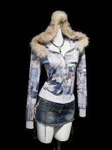 SHEIN ICON Vintage Print Faux Fur Collar Patchwork Hooded Zip-Up Jacket,Fall,Fall Clothes For Women,Women's Winter Clothes - Grey - View 6