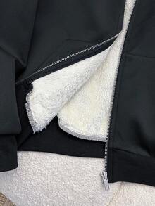 SHEIN Teen Girls Black Fuzzy Hooded Sweatshirt, Thermal Lined Jacket Autumn Winter Clothes For Girl Essentials Hoodie - Black - View 5