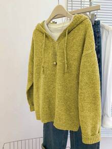 SHEIN Franclia Casual Loose Fit Hooded Long Sleeve Basic Gray Knit Pullover Sweater For Women, Autumn/Winter - Gold - View 3