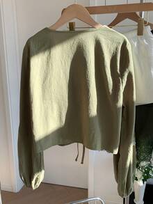 Comfortcana Áo sơ mi dài tay thêu cổ chữ V rộng rãi, giản dị, buộc dây phía trước dành cho nữ - xanh quân đội - Xem 3