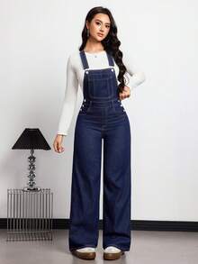 Flexra Women's Loose Fit Pocketed Wide Leg Casual Denim Jumpsuit - Medium Wash - View 6