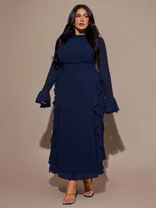 SHEIN BAE Váy maxi tay loe xếp nếp bằng vải chiffon dài màu nâu cỡ lớn dành cho nữ - Màu xanh hải quân - Xem 2