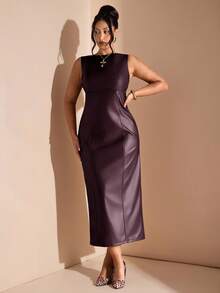 SHEIN BAE Women Sleeveless PU Leather Bodycon Dress/Christmas Dress - Burgundy - View 6
