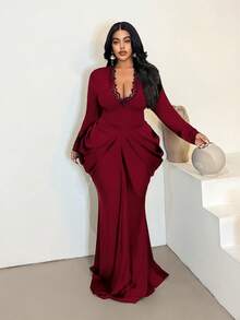 Maweii Váy dài tay cổ chữ V gợi cảm, thắt eo, váy dạ hội cỡ lớn - Màu Đỏ Sâu - Xem 4